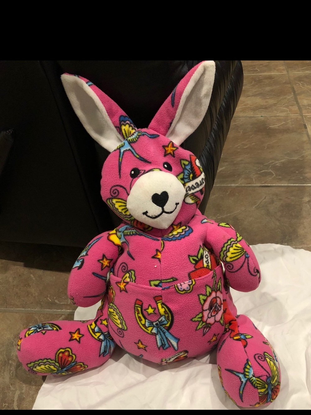 Posh Pink Bunny Plush with Colorful Print Accents